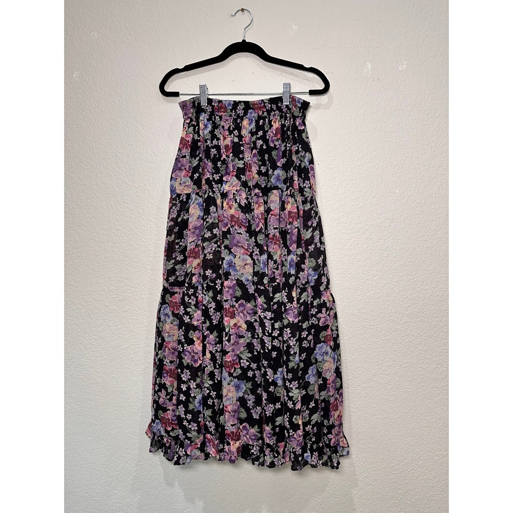 Nu Nostalgia Floral Maxi Skirt Black‎ Rayon Boho Tiered Ruffle Size S